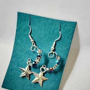 Glass iridescent faceted beads star charm dangle earrings.